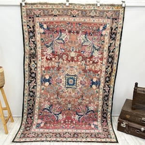 Pink Persian Vintage Rug | Faded Boho Area Carpet | Handmade Turkish Rug | Distressed Oriental Floor Decor, 4.6 x 6.9 Feet,