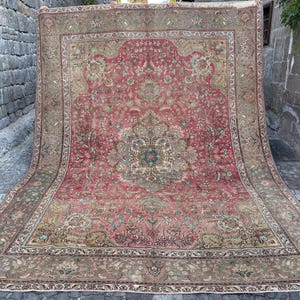9x12 Vintage Turkish Rug, Muted Pink Floral Carpet, Handmade Oversized Area Rug, Antique Persian Boho Decor, 10.1 x12.9 FT,