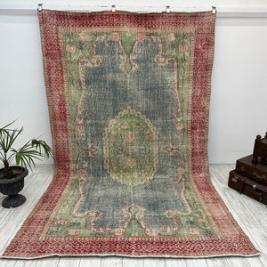 intersting rug, Turkish Large Rug, Vintage Area Rug, Oushak rug, Livingroom decor, Green Rug,Oriental rug 6.5x10.6ft,Decorative Oushak Rug