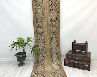 Vintage Long Runner Rug, Handmade Turkish Oushak Carpet, Faded Neutral Hallway Rug, Boho Farmhouse Decor, 2.7x10 ft