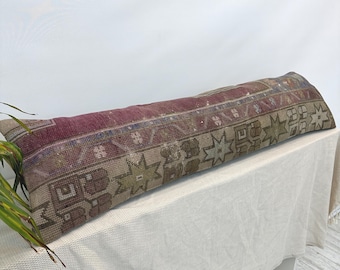 Vintage-Kissenbezug aus der Türkei (30 x 120 cm), langes Lendenkissen, handgefertigtes Teppichkissen, Boho-Bankkissen, dekoratives Wollkissen, rustikale Wohnaccessoires