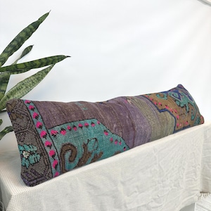 12x48 Vintage Oushak Lumbar örngott, Blush Rosa turkisk matta kudde, handgjord ullkudde, lång bänkkudde, neutral lantlig inredning