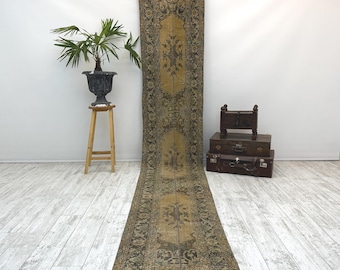 Vintage Oushak Long Runner, Distressed Turkish Rug, Neutral Handmade Carpet, Boho Rustic Hallway Decor, 2.1x13.3 ft