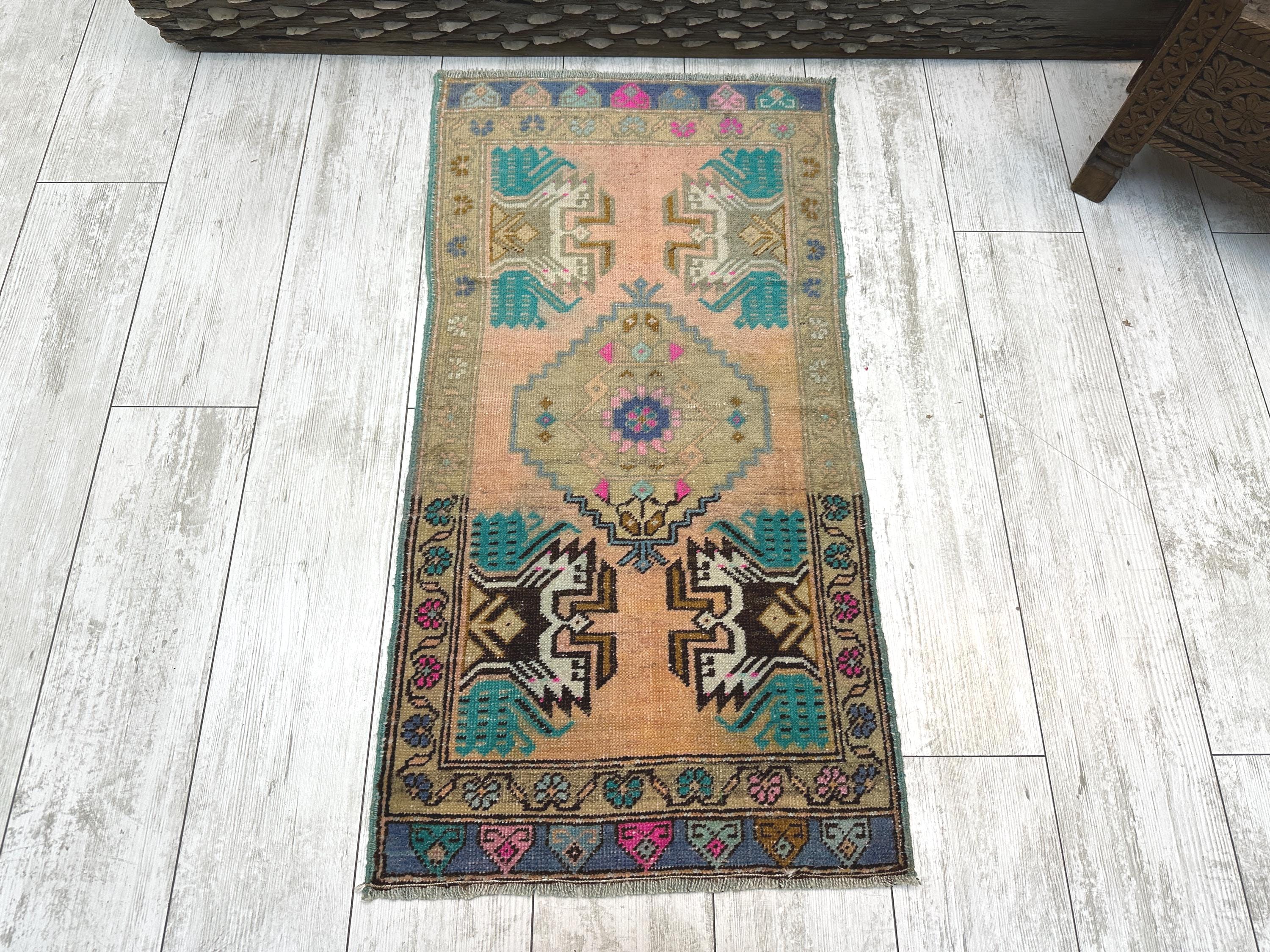 Small Turkish Rug, Vintage Bath Mat, Mini Oushak Rug, Turkish