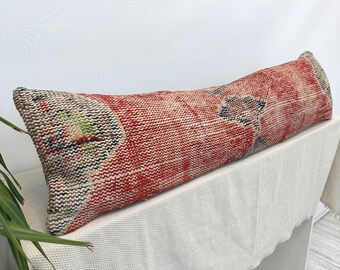 Vintage Wool Pillow Cover 12x48, Turkish Lumbar Cushion, Long Sofa Pillow, Bohemian Home Decor