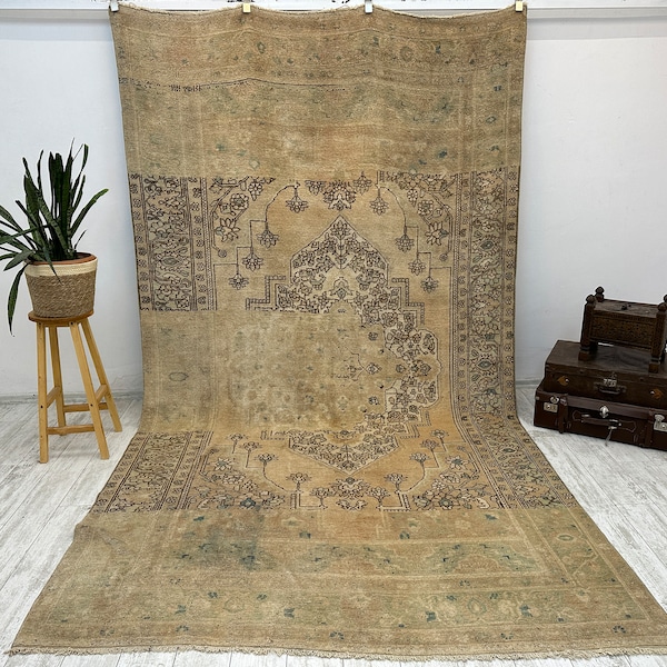 9x12 Vintage Rug, Turkish Rug, 9x12 Oushak Rug, Oversized Rug, Living Room Rug, Dining Room Rug, Medallion Rug, 9x12 Carpet, 6.5 x 11.6 FT