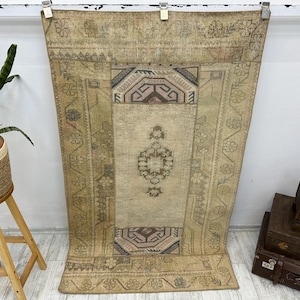 Alfombra de pasillo Oushak de lana vintage, alfombra turca para recibidor (1,04 x 1,70 m)