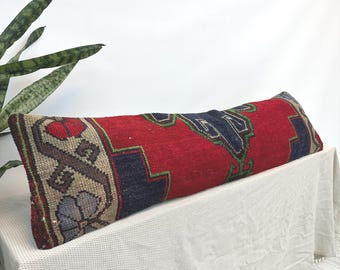 Vintage Kelim-Lendenkissen 12x48 - Handgewebter türkischer Kissenbezug, Boho-Dekor, rustikaler Wohnakzent, neutrale Töne