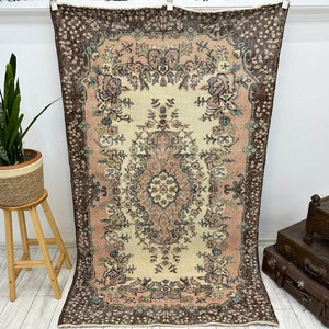 Floral rug, Oushak rug, Vintage rug, Floor rug, Turkish rug, Wool area rug, Handmade rug, Bedroom rug, Antique rug, 4.1 x 6.9 feet,