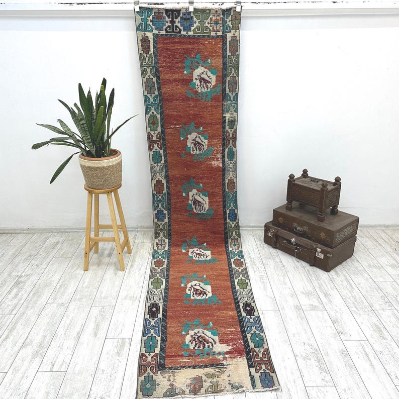 Hallmatta, turkisk löparmatta, handgjord turkisk matta, vintage löparmatta, handgjord matta, bleknad matta, bohomatta, köksmatta, 2,5 x 11,4 fot bild 1