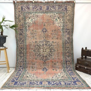 oriental vintage rug, dining table rug, aesthetic rug, low pile rug, turkish rug, oversize rug, botanic rug, wool rug, 5.9 x 9.7 FT,