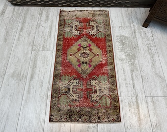 Liten turkisk matta, vintage badrumsmatta, mini-Oushak-matta, turkisk dörrmatta, entrédekor, utomhusmatta, liten vintagematta 1,4x3,1, boho-matta