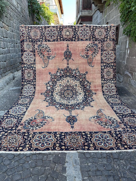 9x12 Vintage Turkish Rug, Mute Pink Medallion Oriental Carpet