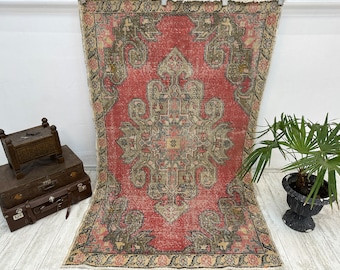 Turkish Rug, Vintage Rug, 4.7x7.4 ft, Oushak Rug, Area Rug, Faded Rug, Muted Rug, Living Room Rug, Handmade Rug, Antique Rug, Red Rug