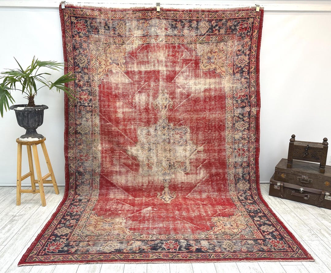 Red Turkish Style Rug Extra Large Red Turkish Rug, Antique Handmade Carpet, Neutral Tones ...