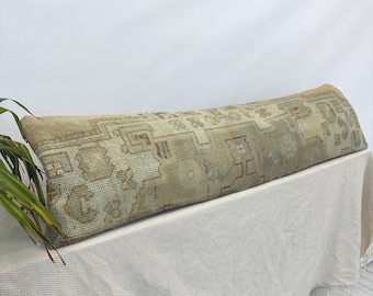 Lange vintage Turkse tapijtkussen 12x48, unieke wollen lendensteunhoes, boho ligbedkussen, rustieke decoratie voor halbank