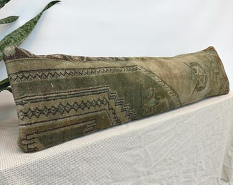 Vintage Turkish Kilim Lumbar Pillow Cover 12x48 | Boho Long Rug Cushion for Sofa or Bed | Handwoven Decorative Textile