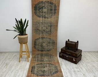 May include: A vintage runner rug with a faded, distressed look. The rug features a repeating pattern of circular medallions with intricate designs in shades of blue and brown. The rug has a warm, earthy color palette and a soft, worn texture.