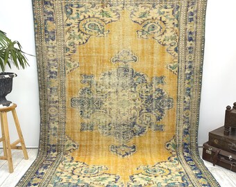 Oversized oranje tapijt, Turks tapijt, vloerkleed, groot tapijt, vintage tapijt, Oushak-tapijt, woonkamertapijt, slaapkamertapijt, wollen tapijt, 6,3 x 9,5 voet,