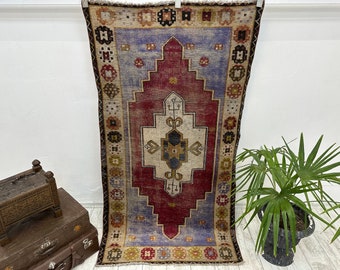 Turkish Rug, Vintage Rug, 3.4x6.1 ft, Oushak Rug, Area Rug, Faded Rug, Muted Rug, Living Room Rug, Handmade Rug, Antique Rug, Red Area Rug