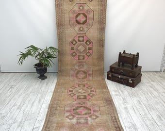 Vintage Turkish Runner Rug – Handmade Wool Hallway Rug, Long Narrow Anatolian Carpet, 3.7 x 12.8 Ft,