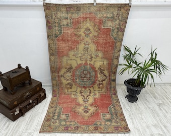 Turkish Rug, Vintage Rug, 4.2x7.9 ft, Oushak Rug, Area Rug, Faded Rug, Muted Rug, Living Room Rug, Handmade Rug, Antique Rug, Red Area Rug