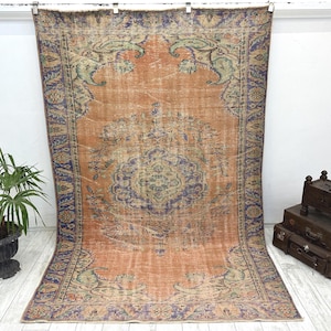 Oversize Orange rug, Turkish rug, Area rug, Large rug, Vintage rug, Oushak rug, Living room rug, Bedroom rug, Wool rug, 5.7x8.7 feet,