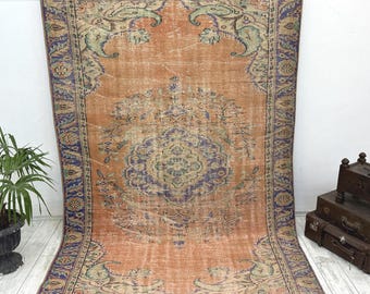 Großer oranger Teppich, Türkischer Teppich, Vintage Teppich, Oushak Teppich, Wohnzimmerteppich, Wollteppich, Wollteppich, 150x250,