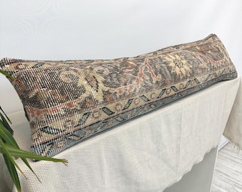 Handmade Lumbar Pillow Cover 12x48, Vintage Rug Cushion, Turkish Bench Pillow, Neutral Home Accent