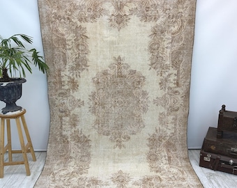 Vintage Türkischer Oushak Teppich 15x25m, Beige Neutraler Teppich, Beunruhigter Anatolischer Wollteppich, Boho Wohnzimmerteppich