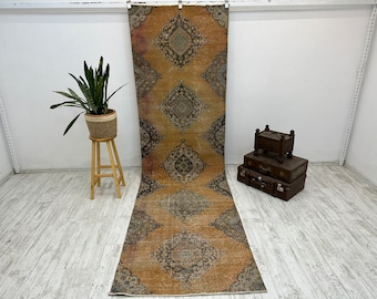 Oushak-lopertapijt, gangtapijt, entreetapijt, foyertapijt, Turks vintage tapijt, 3,4 x 11,8 ft, tapijttapijt, rustiek tapijt, vloerloper,
