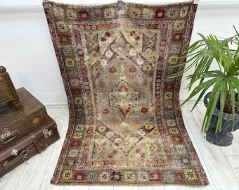 Turkish Rug, Vintage Rug, 3.4x5.1 ft, Oushak Rug, Area Rug, Faded Rug, Muted Rug, Living Room Rug, Handmade Rug, Antique Rug, Red Rug,
