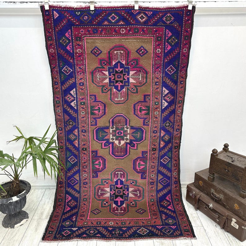Vintage Turkish Wool Rug, Traditional Oushak Design, 4.4 x 7.7 ft image 1