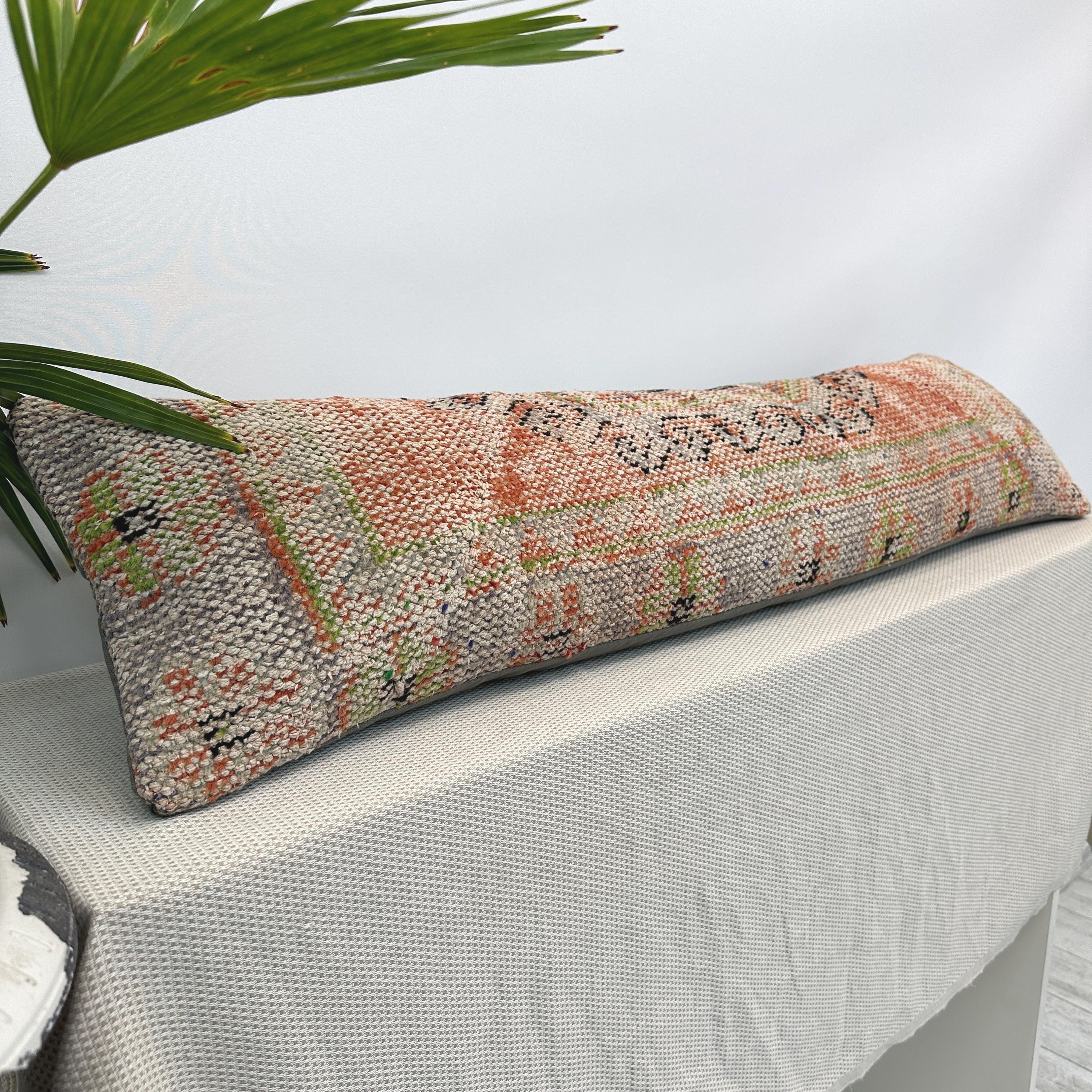 Vintage Kilim Lumbar Pillow 12x48 – Handwoven Turkish Cushion Cover, Boho Decor, Rustic Home Accent, Neutral Tones