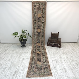 May include: A long, rectangular, vintage rug with a central pattern of repeating floral medallions in beige and brown, framed by a border of dark green and black. The rug is displayed on a light wood floor.