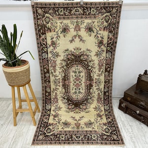 antique turkish rug, rugs for kitchen, retro rug, oushak rug, low pile rug, entryway rug, vintage rug, bohemian rug, 3.8x7.3 ft