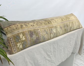 Vintage Turkish Lumbar Pillow Cover 12x48, Long Rug Pillow, Oushak Pillow Cover, Extra Long Bench Cushion, Farmhouse Decor