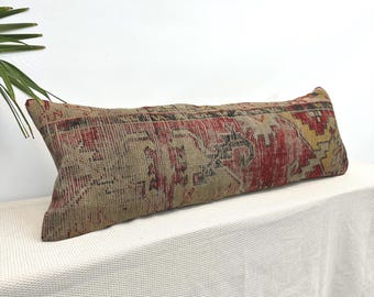 Extra Long 12x40 Kilim Pillow – Rustic Boho Cushion, Handmade from Vintage Turkish Rug, Unique Ethnic Home Decor