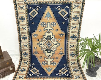 Kars Rug 4.8x7.4 Ft Vintage Turkish Rug Blue Wool Area Rug Geometric Carpet