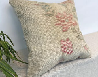 20x20 Vintage Rug Cushion • Handcrafted Wool Kilim • Faded Antique Aesthetic • Unique Home Accent
