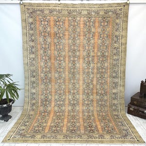 Alfombra turca vintage de 2 x 2,95 m, estilo Oushak, alfombra grande color beige melocotón, alfombra floral a rayas, decoración anatolia hecha a mano.