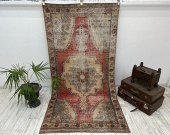 Turks gebiedsdeken, Boho tapijt, Vintage oushak tapijt, Handgeweven tapijt, Oranje tapijt, Gotisch tapijt, Azteeks tapijt, Gangkleed, 4,1x7,9 ft,