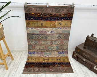 Turkish Patchwork Rug, Handmade Rug, 3.4x5.4 ft Rug, Oushak Rug, Dining Room Rug, Wool Rug, Vintage Patchwork, Area Rug, Bohemian Rug,
