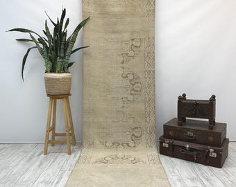 Vintage Turkish Runner Rug 2.9x10.1 ft, Neutral Beige Distressed Hallway Carpet