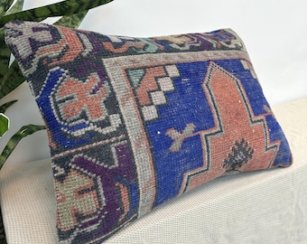 Turkish Vintage Rug Pillow 16x24 | Handmade Wool Throw Cushion