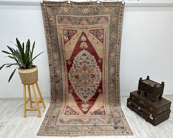 Oversize Turkish Area Rug, 5x9.5 ft, Saloon Rug, Living room Rug, Vintage Area Rug, Bohemian Turkish Rug, Handmade Rug, Decorative Carpet