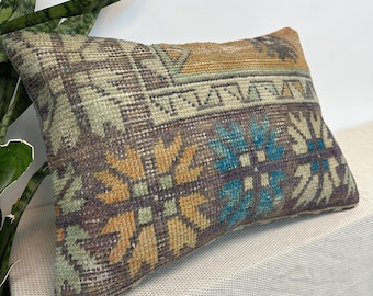 Vintage Wool Rug Pillow 16x24 • Handmade Turkish Kilim Cushion • Rustic Boho Home Decor • One of a Kind Accent Pillow