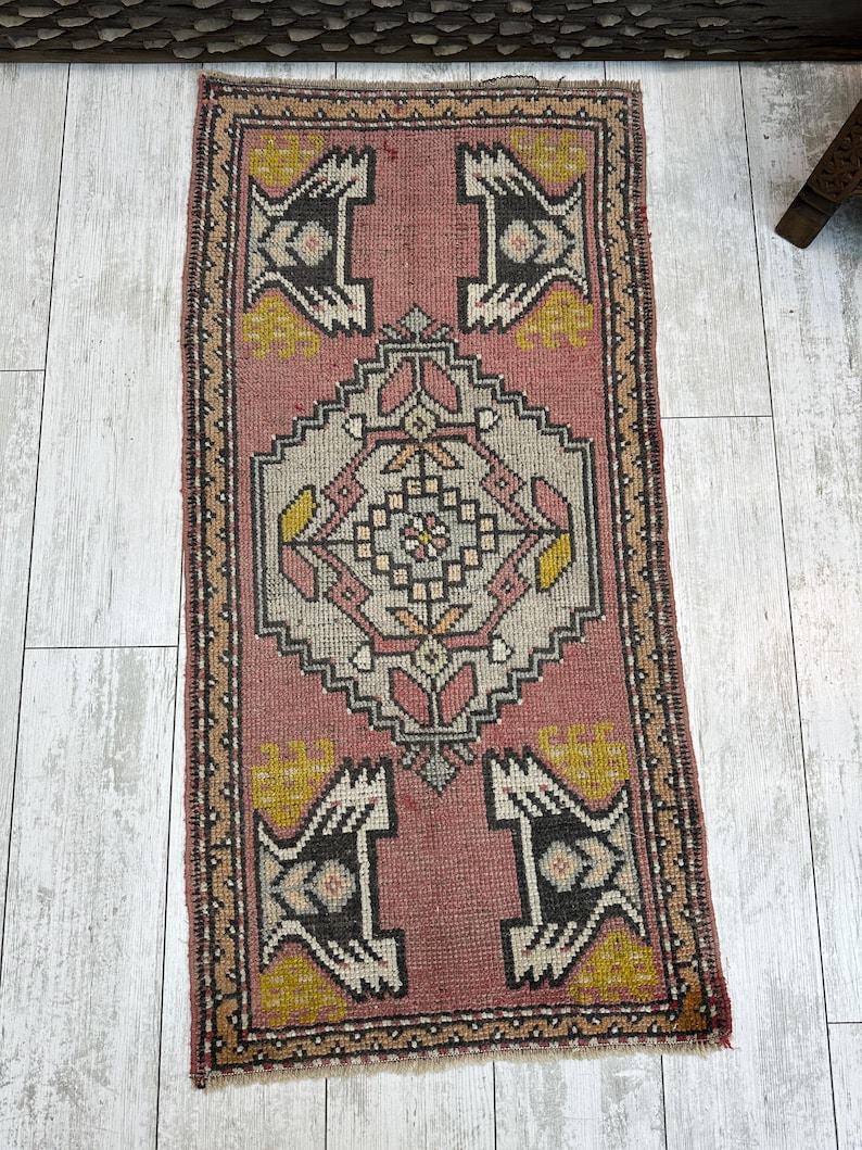 1.7x3.6 Pink Yellow Rug • Soft Pastel Colors • Cheerful Small Mat for ...