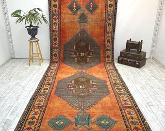 Extra Long Vintage Anatolian Orange Runner Rug 6 x 15.4 ft – Striking Handmade Turkish Carpet – One of a Kind Statement Decor