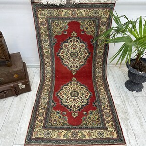 Red Oriental Turkish Rug, Vintage Rug, 3x6.4 ft, Oushak Rug, Area Rug, accent Rug, Living Room Rug, Handmade Rug, Antique Rug, Red Rug,